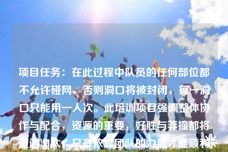 项目任务：在此过程中队员的任何部位都不允许碰网，否则洞口将被封闭，每一洞口只能用一人次。此培训项目强调整体协作与配合，资源的重要，好胜与莽撞都将遭遇淘汰，只有依靠团队的力量才能顺利完成任务。
